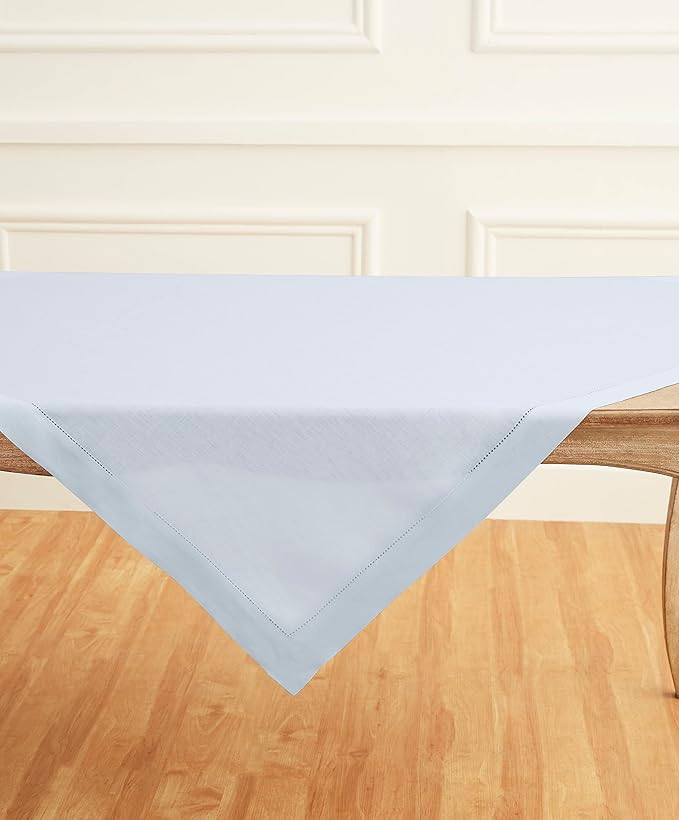 Solino Home Light Blue Linen Tablecloth 52 x 52 Inch - 100% Pure Linen Square Table Throw - Classic Hemstitch, Machine Washable Table Cloth for Summer