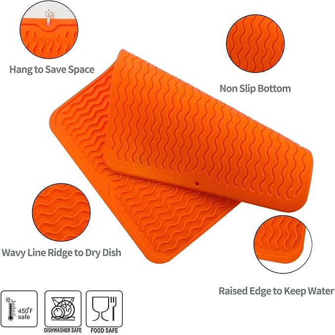Silicone Dish Drying Mat for Multiple Usage,Easy clean,Eco-friendly,Heat-resistant Silicone Mat for Kitchen Counter or Sink,Refrigerator or drawer liner Orange L 16 inches x 12 inches