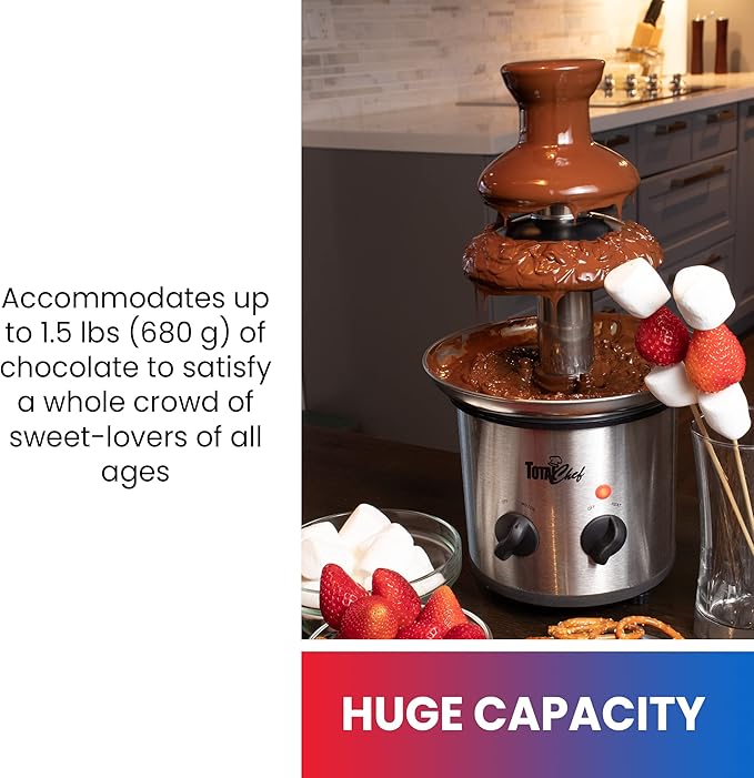 Total Chef 3 Tier Chocolate Fountain - Electric Fondue Machine, 1.5 lbs Capacity, Melts Hot Dark Dipping Chocolate for Party, Wedding & Events, Stainless Steel