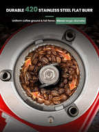 Huanyu Burr Coffee Grinder- Stainless Steel Flat Burr, 19 Precise Grind Settings, 35oz Capacity and Dual Dosing for Espresso, Hand Punch, French Press Red