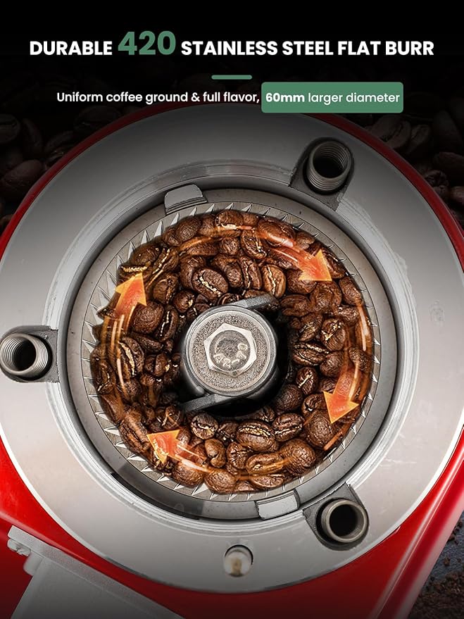 Huanyu Burr Coffee Grinder- Stainless Steel Flat Burr, 19 Precise Grind Settings, 35oz Capacity and Dual Dosing for Espresso, Hand Punch, French Press Red