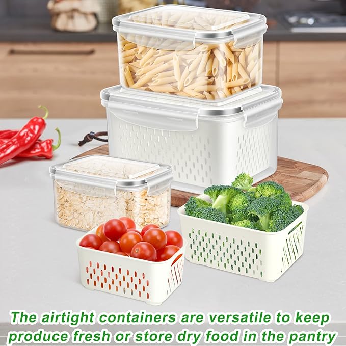 5 Pack Fruit Storage Containers for Fridge, Produce Saver Vegetable Container with Drain Colanders - Refrigerator Organizer for Lettuce Keepers Berry Container