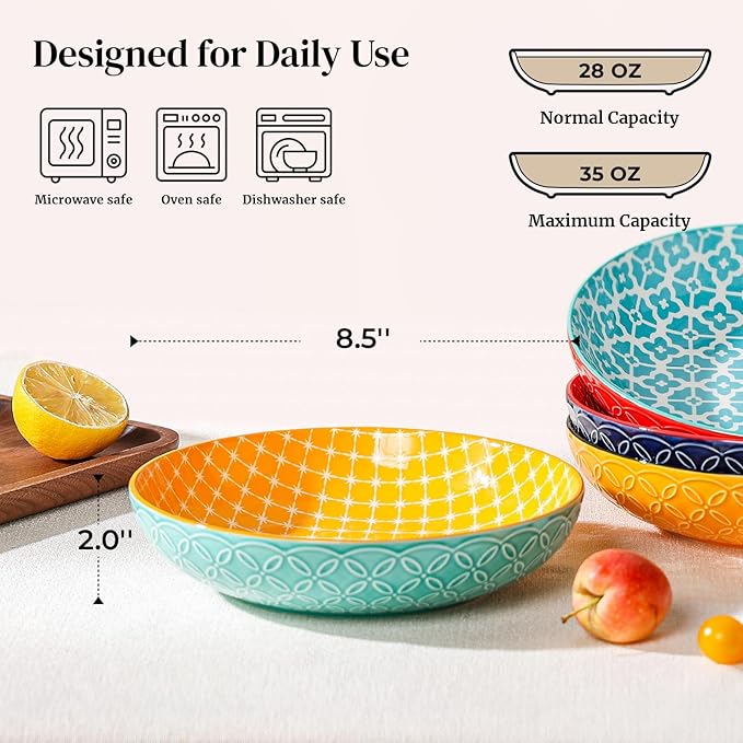 DOWAN 8.5" Vibrant Pasta, Salad & Soup Serving Bowls Set of 4, Embossed Large Porcelain Ceramic, Microwave, Oven & Dishwasher Safe, Bonita Design Perfect for Daily Dining, Family Gatherings, Party