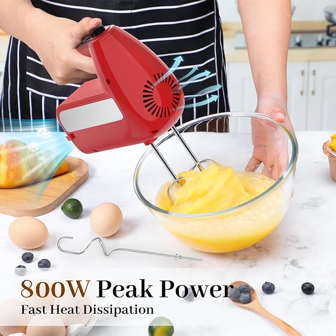 5-Speed Electric Hand Mixer, 800W Handheld Mixer with Turbo for Baking & Cooking, Kitchen Food Mixer with Storage Case & 6 Stainless Steel Attachments (2 Beaters, 2 Dough Hooks, 2 Whisks)-Red