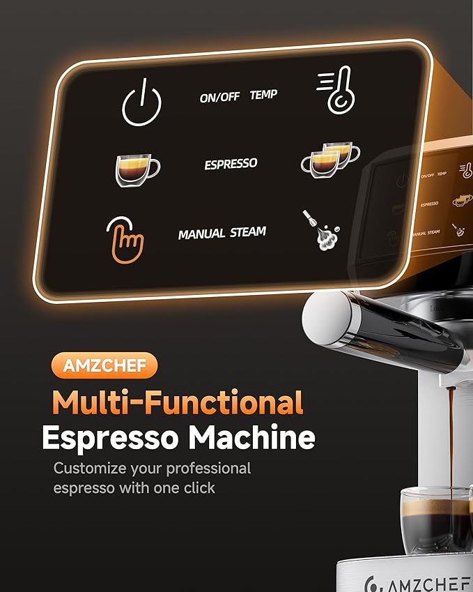 AMZCHEF Espresso Machine 20 Bar – Professional Coffee Maker with Milk Frother, Adjustable Temperature & Pressure, Compact Stainless Steel Espresso Maker for Cappuccino, Latte, Mocha, 44oz Water Tank
