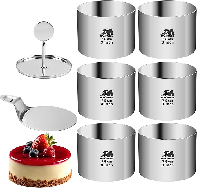6 Pack Round Cake Ring Molds, Seamless Stainless Steel Cake Cutter with Pusher & Lifter, 3-Inch Dessert Mousse Rings for Baking (Includes 1 Pusher, 1 Lifter and 6 Rings)