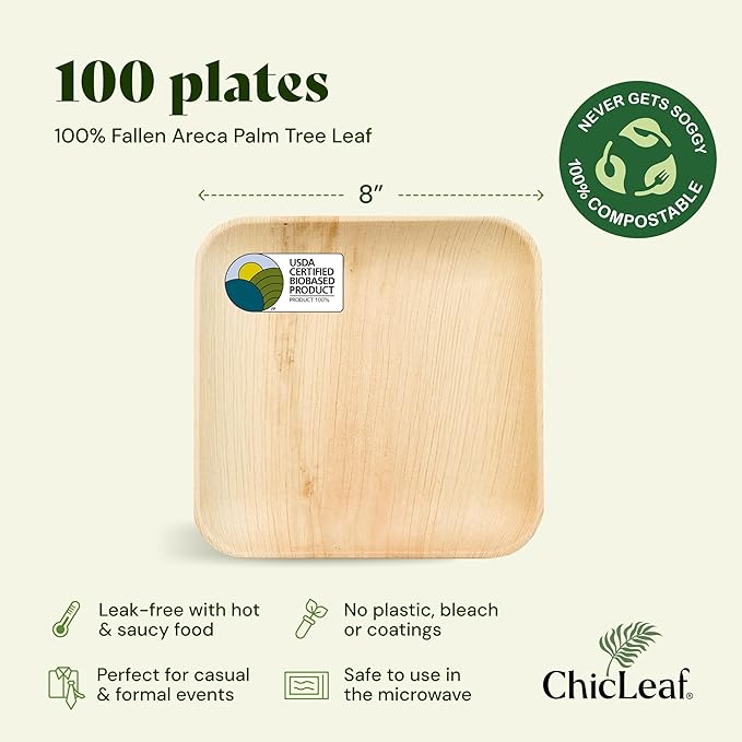 Chic Leaf Square Bamboo Palm Leaf Disposable Plates - 8" Pack of 100 - Biodegradable & Compostable Dinnerware - Disposable Party & Appetizer Plates - Eco-Friendly Dessert Trays