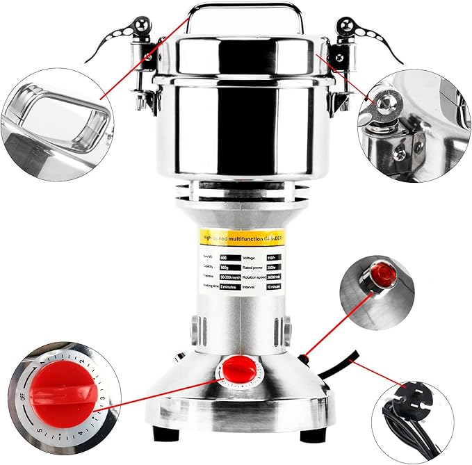 Homend High Speed 500g Electric Grain Mill Grinder Powder Machine Spice Herb Grinder 2500W 70-300 Mesh 36000RPM Stainless Steel Commercial Grade for Kitchen Herb Spice Pepper Coffee (500g)