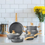 DishDelight Induction Pots and Pans Set, 12 Piece Nonstick Cookware, Granite Cooking Set with Frying Pans, Gray