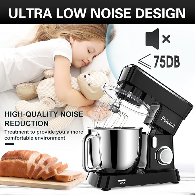 Stand Mixer, 6QT 10+P Speed Tilt-Head Kitchen Electric Mixer, Food Mixer with Stainless Steel Bowl, Dough Hook, Flat Beater, Wire Whisk, Splash Guard for Daily Use - Black