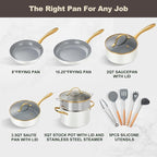 ceramic cookware set,Healthy,Non Toxic,Pots and Pans Set non stick,14-Pcs Kitchen induction cooking Sets, nonstick Pot and Pan Set with silicione Utensils,PFOS/PFOA Free,Cream and Gold