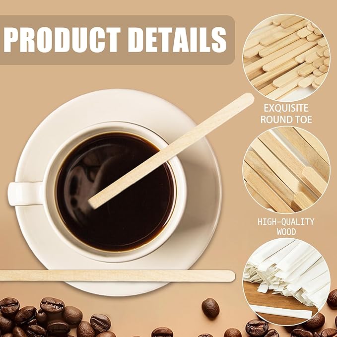100 Pcs Coffee Stirrers Individually Wrapped, 5.5 Inch Wooden Coffee Stir Sticks, Coffee Stirs Disposable with Smooth Round Ends for Coffee, Cocktail, Drinks Coffee Bar Accessories