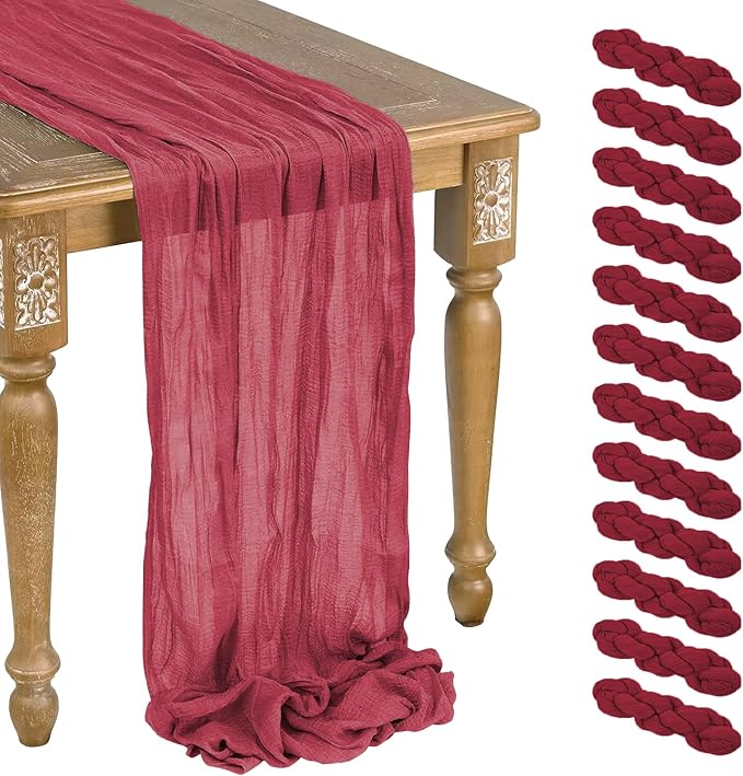 12 Pack Burgundy Cheesecloth Table Runner 10ft Boho Gauze Cheese Cloth Table Runner Rustic Sheer Runner 120 inch Long for Christmas Wedding Table Decorations