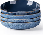 GBHOME 9.5'' Large Pasta Bowls, 42 Ounce Stoneware Salad Bowls for Kitchen, Ceramic Serving Bowls With Textured Pattern for Pasta,Fruit, Stews,Noodle, House-warming Gift, Set of 4-Moonlight Blue