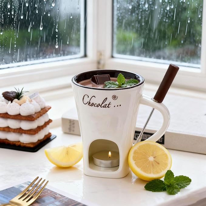 Chocolate Fondue Mug, Fondue Cups Tealight, Chocolate Melting Mug With Candle, Mini Ceramic Chocolates Melting Cup With Forks, Date Night Birthday Wedding Gifts (White)