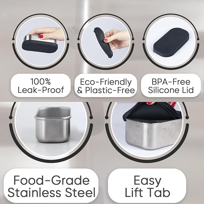 Flexibento - 2 x 6.5 oz | Leak proof | Small Stainless steel Snack Containers with Silicone lids|Dip, snacks, condimenrs | Plastic and BPA free | Metal Lunch box | Black (set of 2)