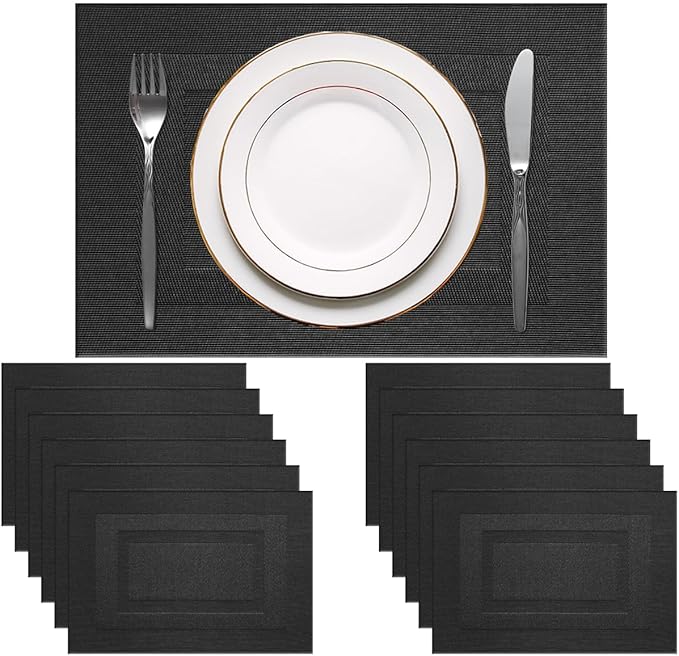 PIGCHCY Placemats Set of 12 Washable Durable Place Mats Vinyl Heat Resistant Non-Slip Table Mats Indoor Outdoor (Pure Black)