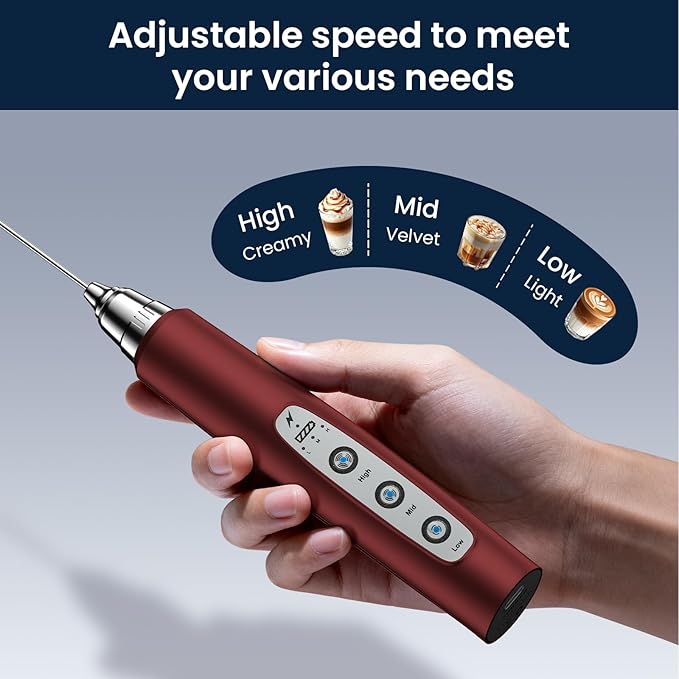 Milk Frother Rechargeable Handheld-Electric Whisk 3 Speed Adjustable, Frother Wand Coffee with 3 Stainless Whisks, Electric Foam Maker, Drink Mixer Blender for Latte Cappuccino Matcha Egg