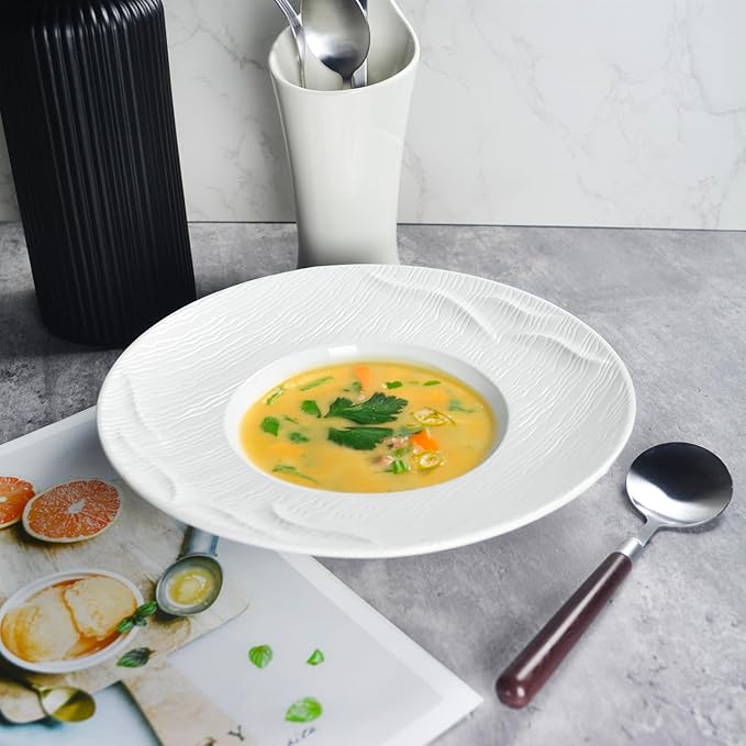 Ceramics Rimmed Soup bowls Set of 4, Embossed Wide Rim Small Mouth Pasta Plates 10.2 OZ/300 ml, Microwave Dishwasher Safe, for high end restaurants and best choice for gourmets, 9.45 Inch