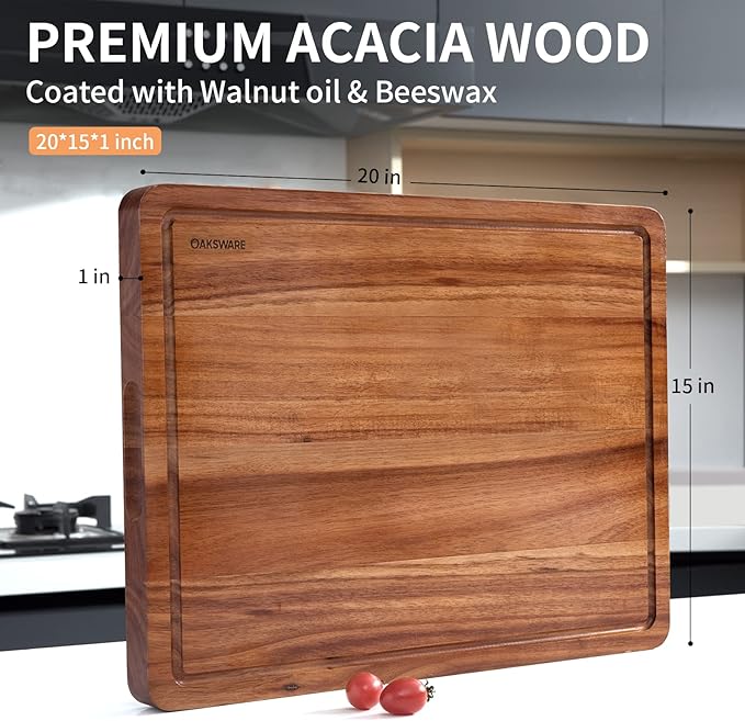 OAKSWARE Cutting Boards, 20 x 15 Inch Extra Large Acacia Wooden Cutting Board for Kitchen, Edge Grain Wood Chopping Board with Juice Groove and Handles, Pre-Oiled Carving Tray for Meat & Cheese