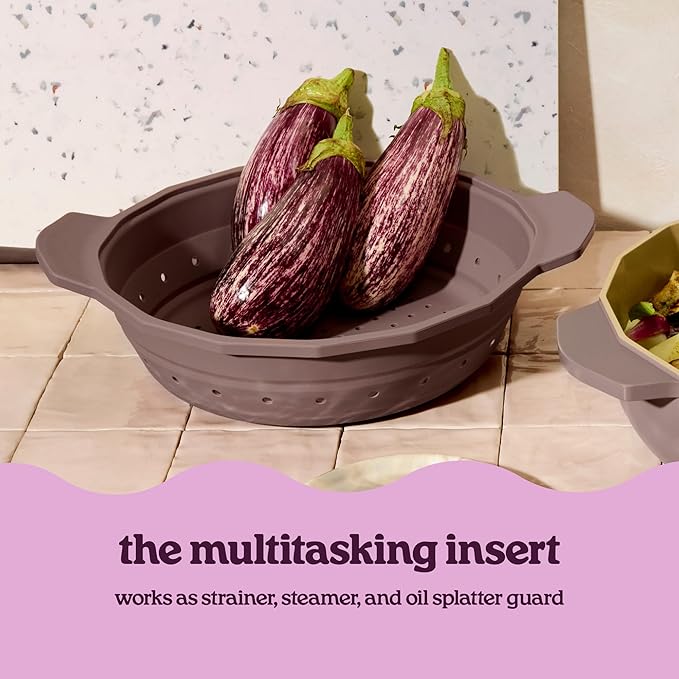 Cravings by Chrissy Teigen The Perfect Pan 5.3 Qt Dutch Oven Pot with Lid, Nonstick Lightweight Aluminum Everyday Pot with Steamer/Strainer Insert, Oven & Stovetop Safe (Mauve)