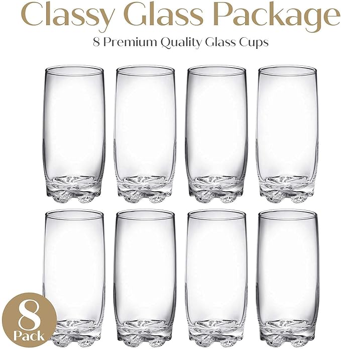 Drinking Glasses set of 8 Highball Glass cups By Home Essentials – Premium Cooler 13.25 Oz. Glassware – Ideal for Water, Juice, Cocktails, Iced Coffee, Iced Tea.