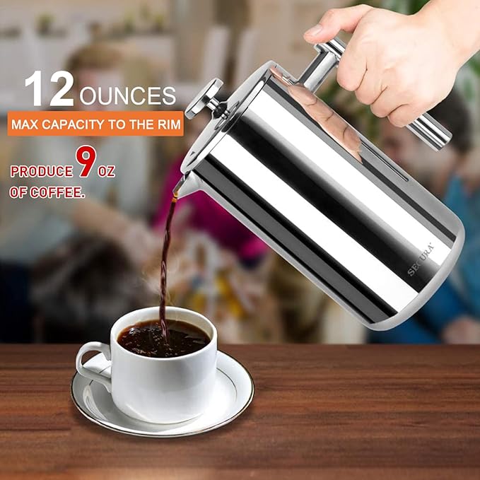 Secura French Press Coffee Maker, 304 Grade Stainless Steel Insulated Coffee Press with 2 Extra Screens, 12oz (0.35 Litre), Silver (SFP-12DS)