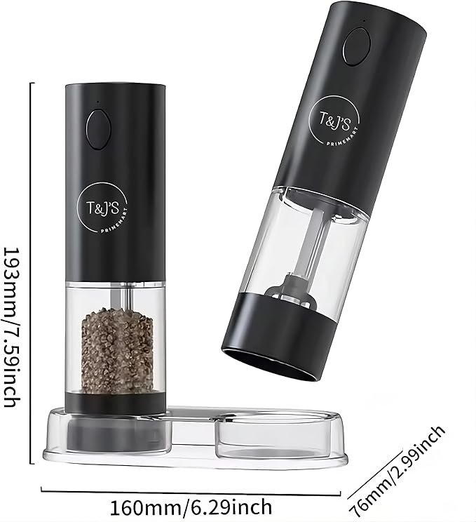 T&J's Upgraded Larger Capacity Electric Salt and Pepper Grinder Set Rechargeable (2 Pack) One Hand Operation with Storage Base, Five-Level Adjustable Coarseness and Warm LED Light, Black