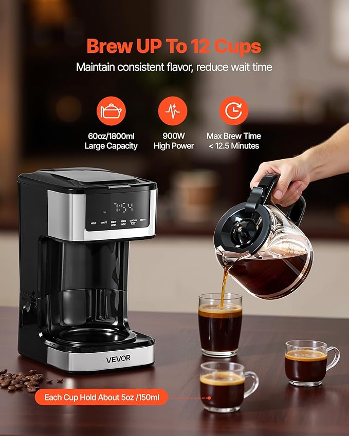 VEVOR Programmable Coffee Maker, 12 Cup Programmable Drip Coffee Makers with Touch Screen, 4-Hour Keep Warm Coffee Makers Drips, 2 Brew Strengths Drip Coffee Machine for Home, 24-Hour Programmable