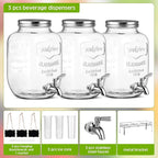 Lallisa 3 Pcs 2.5 Gallon Beverage Dispensers for Parties Glass Drink Water Dispenser with Stand Stainless Steel Leakproof Spigot Ice Cylinder Hanging Chalkboard Signs Pen(Silver)