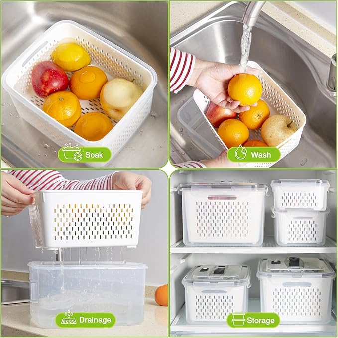 LUXEAR Larger 5PCS Fruit Storage Containers For Fridge, Produce Vegetable Saver Container with Lid Colander Vent Handle, BPA-Free Refrigerator Microwave Dishwasher Safe, Keep Fruits Veggie Food Fresh