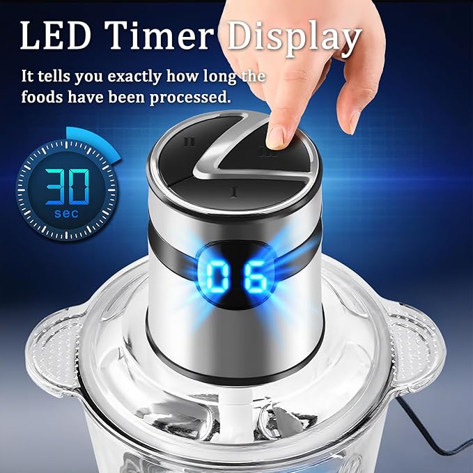 Electric Food Processor, 500W Vegetable Chopper Meat Grinder with 8cups/2L Glass Bowl ＆ Timer, Electric Garlic Chopper Veggie Cutter with 3 Speeds＆4 Blades, Kitchen Blender Mixer for Pet＆Baby Foods
