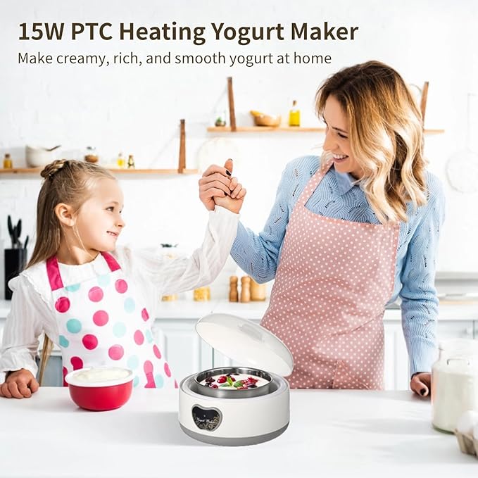15W Yogurt Maker Machine, 1.2 L Automatic Stainless Steel Yogurt Maker with 5 Tight Seal Glass Jars, Auto Constant Temperature, PTC Heating, Home Yogurt Machine, Healthy Present