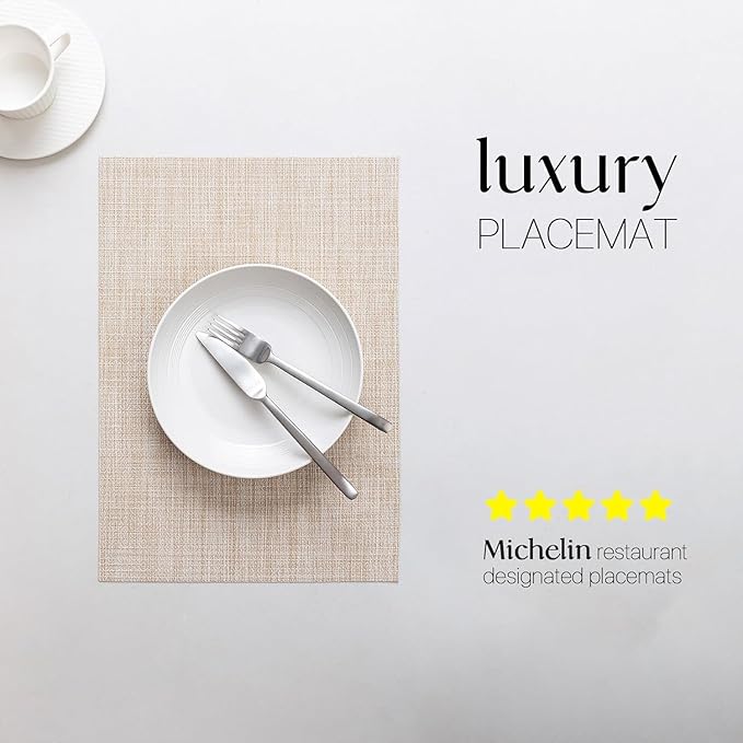LEXMORE PVC Woven Placemats 12 PCS Wipeable Indoor/Outdoor Table Mats Washable Vinyl Place Mat for Dining Table, Set of 12-Beige White