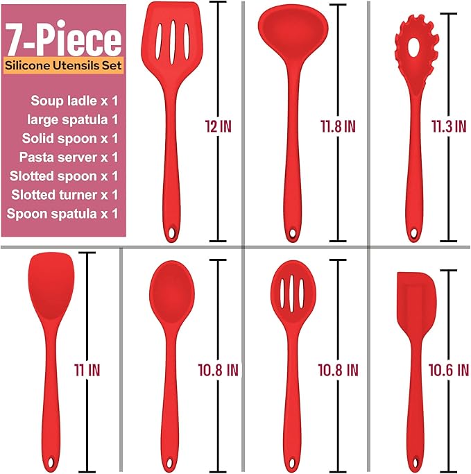 Silicone Cooking Utensils Set, E-far 7-Piece Red Heat Resistant Kitchen Utensils Set, Kitchen Nonstick Tools Spatula Ladle Spoon Pasta Server for Non-stick Cookware, Non-Toxic & Dishwasher safe