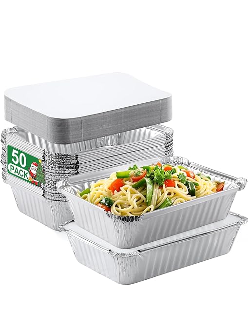50 Pack 8x6 Disposable Aluminum Pans with Lids Aluminum-Foil-Pans-Tin-Foil-Baking-Pans-Tin-Trays-Food-To-Go-Containers-for-Meal-Prep-Cooking-Roasting-Heating-Takeout