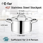 E-far 4 Quart Stock Pot with Lid, Stainless Steel Stockpot for Cooking Simmering Soup Pasta Sauce, with Tri-Ply Bottom & Visible Cover, Induction/Gas/Dishwasher Safe, Heavy Duty & Non Toxic