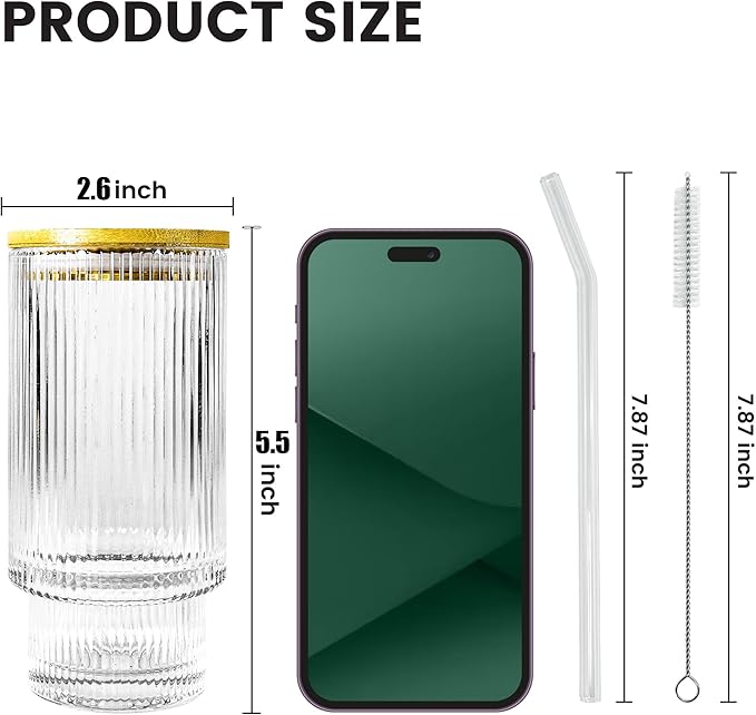 4 Pcs 11 oz Drinking Glasses Cups Set with Bamboo Lids Straws Brush Ribbed Vintage Glassware Set for Tea Iced Coffee Beer Cocktail Whiskey(Ribbed*4)