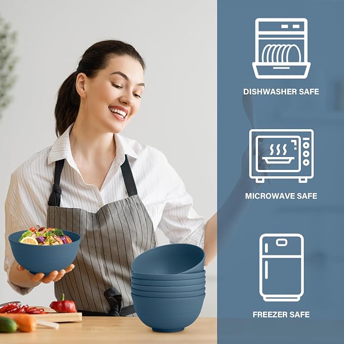 Wheat Straw Bowls for Kitchen 26 OZ - 6 Inch, Unbreakable Lightweight Salad Bowl Set of 6, Microwave and Dishwasher Safe Bowl, Alternative Plastic Bowls Reusable for Cereal, Snack,Fruit (Blue)