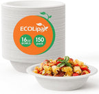 ECOLipak 150 Pack Compostable Disposable Paper Bowls, 16 OZ Heavy duty Biodegradable Eco Friendly Sugarcane Bagasse Bowls Great for Soup, Salad, Milk Cereals