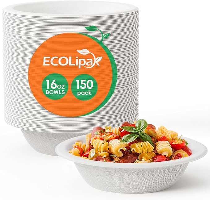 ECOLipak 150 Pack Compostable Disposable Paper Bowls, 16 OZ Heavy duty Biodegradable Eco Friendly Sugarcane Bagasse Bowls Great for Soup, Salad, Milk Cereals