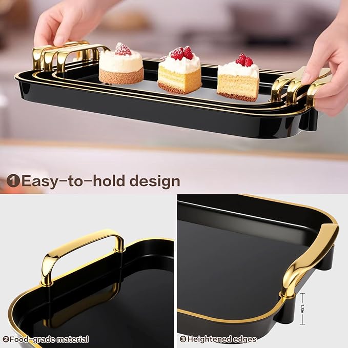 Serving Tray with Handles Set of 3 Rectangular Large Serving Platters 16.5/14.9/13.2 Inch White Plates for Dinner, Party, Entertaining, Black Gold