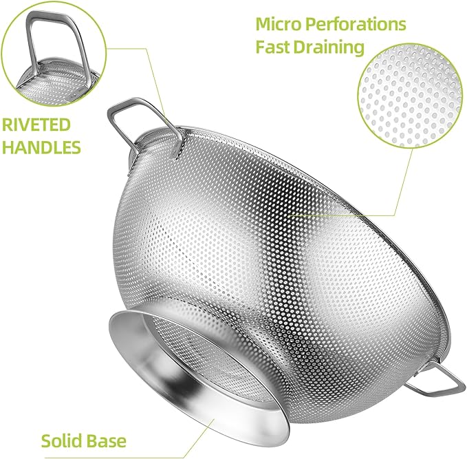 3Qt Metal Colander with Handle, Stainless Steel Strainer for Kitchen, Mesh Strainer for Washing Pasta, Spaghetti, Berry, Fruit, Vegetable, Rice Washer, Fast Draining, Dishwasher Safe