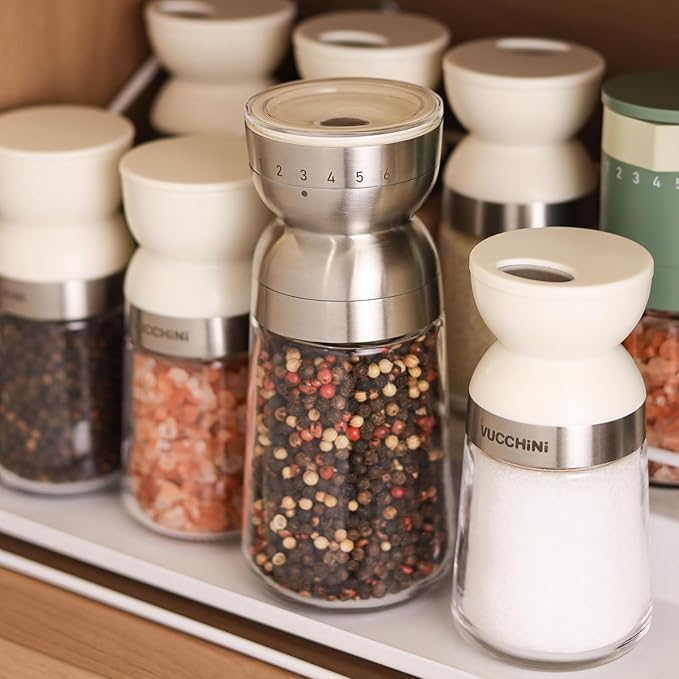 Vucchini Pepper Grinder Salt Grinder Manual - External Adjustable Coarseness with 6 Settings Stainless Steel Spice Grinder Mill Ceramic Burr Large Capacity 9 oz Ideal for Kitchen