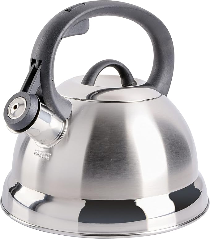 Mr. Coffee Flintshire 1.75-Quart Stainless Steel Whistling Tea Kettle – Brushed Satin Finish Stove-Top Kettle for Boiling Water
