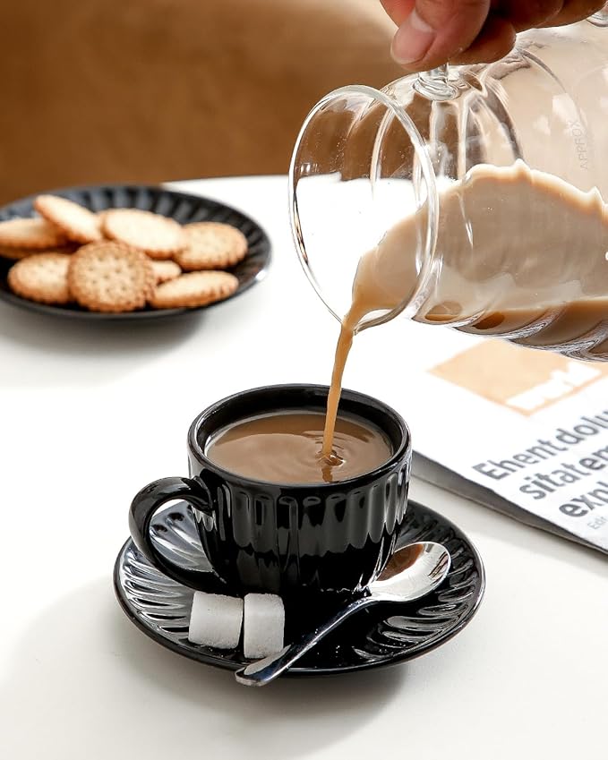 Hasense 4 Oz Espresso Cups with Saucers Set of 4, Ribbed Cappuccino Cups Ceramic for Coffee,Espresso,Double shot,Latte and Macchiato, Demitasse Cups Set Aesthetic Gift, Black