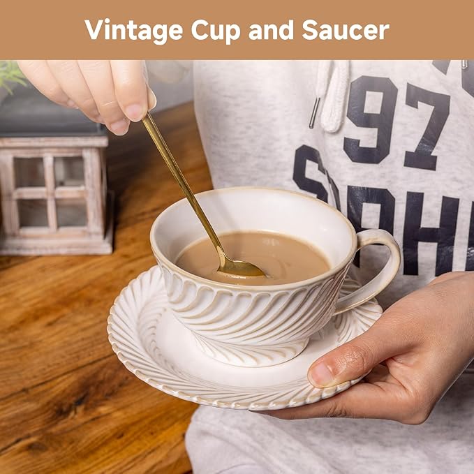 Ceramic Latte Cup with Saucer, 12 OZ Cappuccino Cup Vintage Cafe Art Cups for Espresso Turkish Coffee, Farmhouse Latte Mugs Tea Cups and Saucers Porcelain Set for Baristas Great Gift