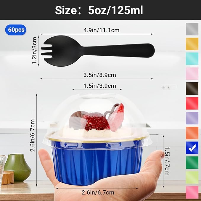 EUSOAR Disposable Ramekins with Individually Wrapped Spoons, 60pcs 5oz Mini Cake Pans with Lids and Plastic Sporks, Foil Creme Brulee Ramekins Muffin Baking Cups Cupcake Liners for Wedding Party Favor