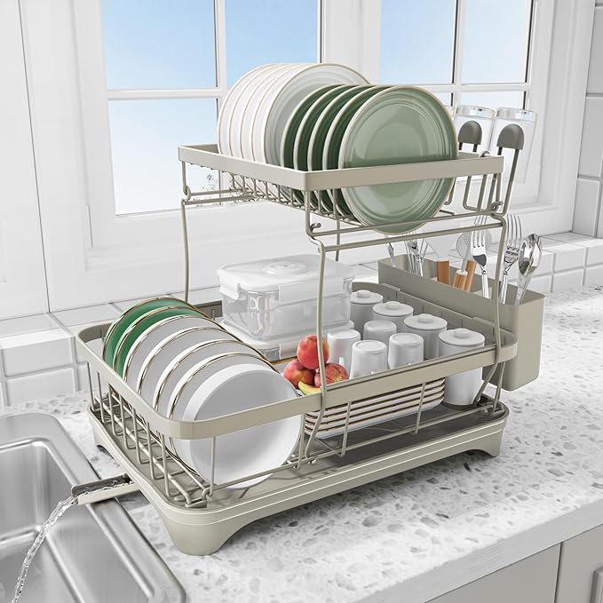 Dish Drying Rack for Kitchen Counter,Two-Tier Dish Rack with Utensil Holder, Auto-Draining Dish Racks, Large Capacity Dish Drainer Organizer for Plates, Bowls, Cups with Drainboard Grey