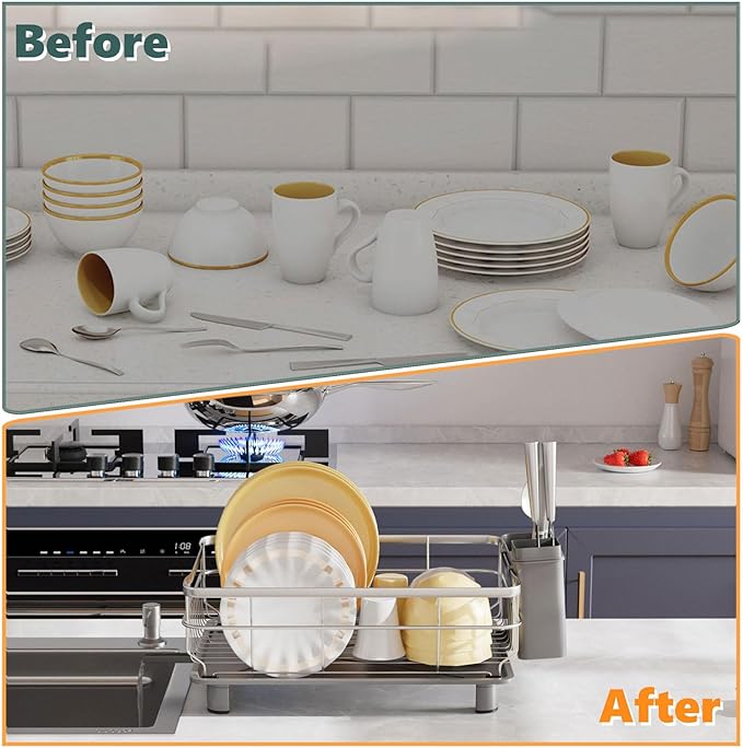 Stainless Steel Dish Drying Rack with Drainboard Dish Drainers for Kitchen Counter Extendable Spout Strainers with Utensil Holder and Knife Slots, Grey